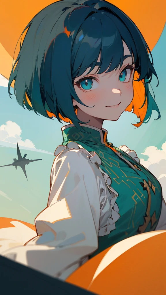 Portrait of one person、 girl、Ethnic patterned frilled blouse、Dark blue hair、Bob Hair、Green round eyes、Wicked Smile、Green and orange tones、anime painting、From the side、blue sky、Lighthouse background、Upper body close-up、Sharp contours