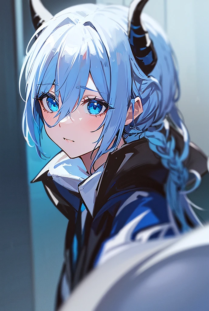 Blue Hair, Braid, White Hair, Braid, Close-Up, Horns, Demon Horns, Hood Up, Anime, Anime Style,