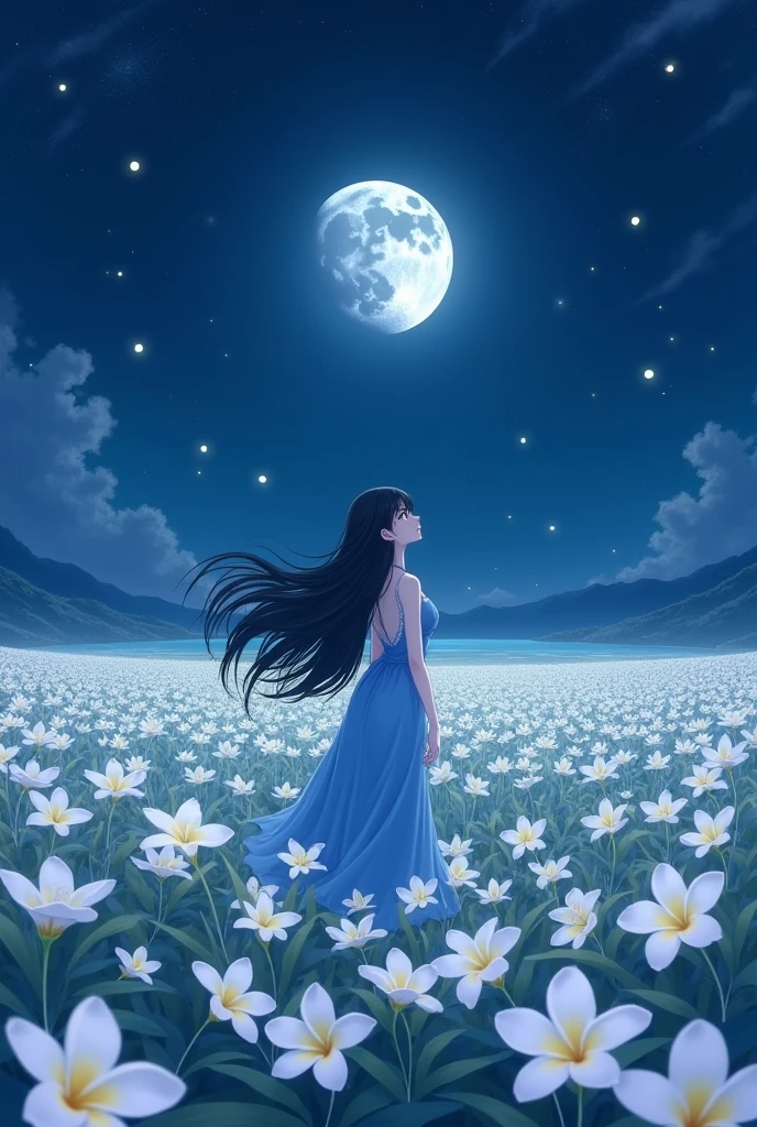 a vast plumeria fields during the night, a fireflies and a woman wearing a blue dress and a long black wavy hair in the middle of it, light smile, looking up in the moon, beautiful anime