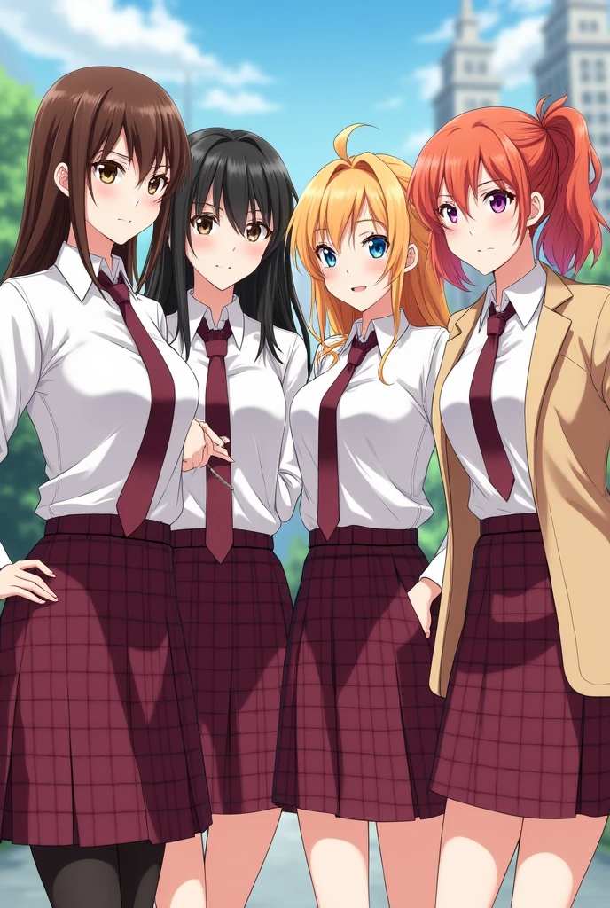 Create the cover of a book called "The Le Rosey High School Quartet" where should four girls be: a chestnut, another black haired girl, another blonde and another redhead/orange. The fund must be a prestigious and private school, Girls must be in a uniform which has a white shirt, a red wine skirt/dark red checkered, a tie in the same shade as the skirt as well as the shoes, Also wear a small, thin coat in the same color as the skirt and add accessories to each of the girls that match the uniform.