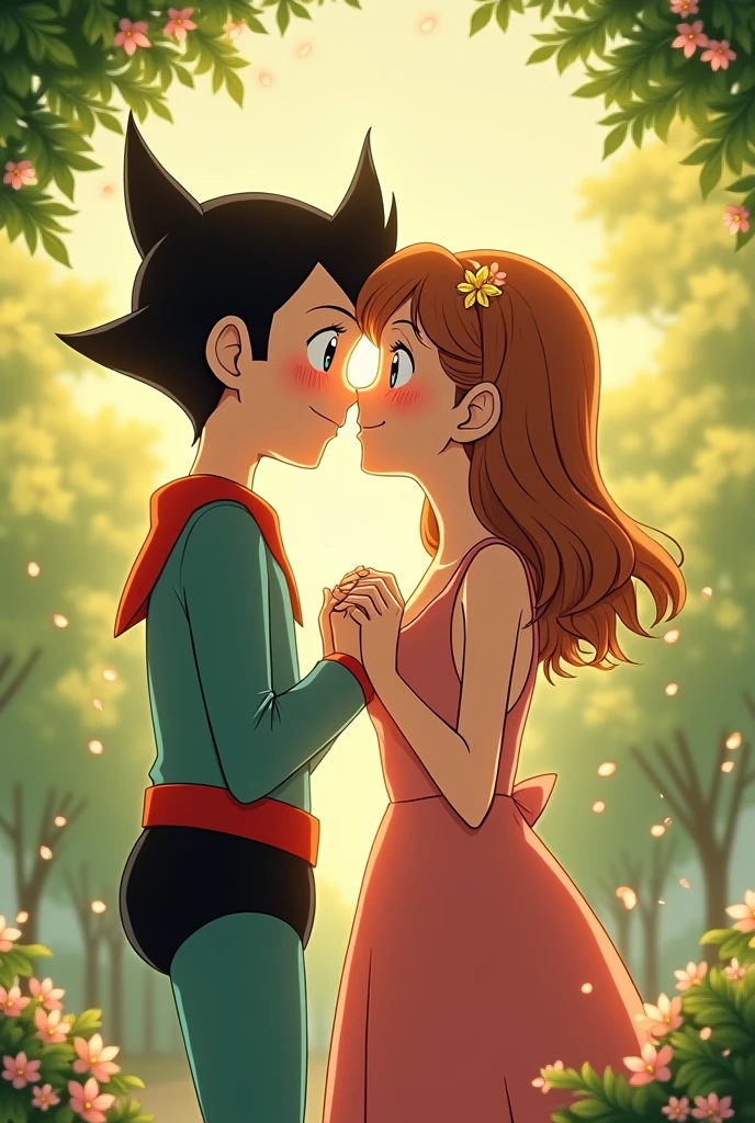 the character toby tenma from the show astro boy. toby tenma holding his girlfriend hand while kissing