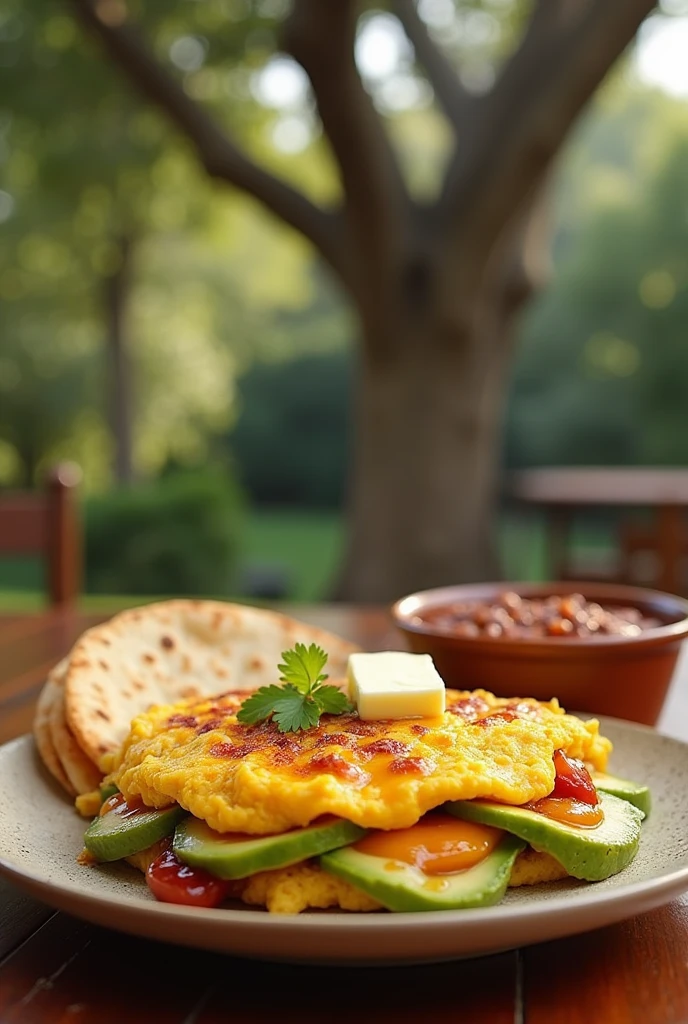 Scrambled egg dish, avocado ,queso, Mantequilla,plane tree,big boy ,beans and tortilla 

