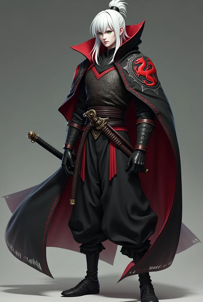 Appearance: Kabuki is a young man of Tamuranian descent., with pale skin and long white hair, which are tied in a bun on top of the head. His eyes are piercing and green, full of a cold and calculated calculation. His face is angular, with sharp features.tenue: Kabuki wears a long black cape with red accents, that flows behind him as he walks. Under the cover, He wears light armor, that mixes dark metal plates with resistant fabrics. on your waist, he carries a katana with a wooden sheath, and the coat of arms of the Guild of Villainy – a red dragon – is embroidered with silver threads on its cape.Expression and Position: Kabuki has an impassive expression, almost indifferent, but his eyes shine with a dangerous cunning. He is standing, with one hand resting on the hilt of his katana, ready for any confrontation that may arise. RPG 3D