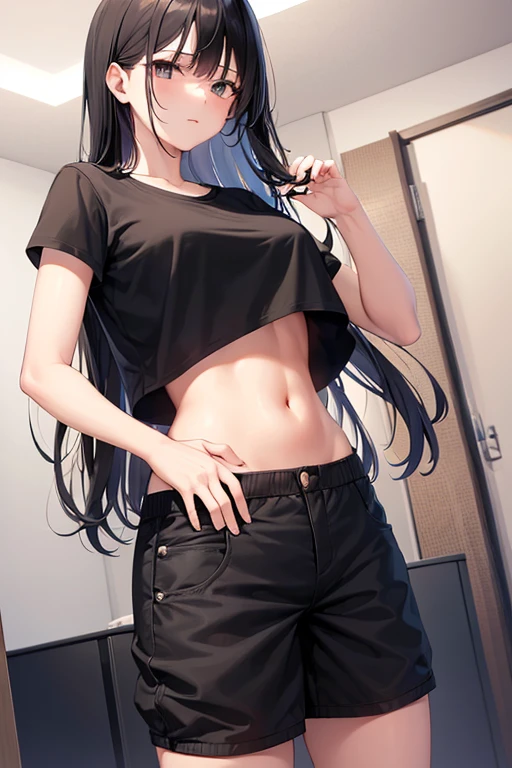 Illustration of a beautiful high school girl with long, straight black hair and glasses putting on a bra for the first time, composed from the back of the model, trying to fasten the hook of the bra with her hands behind her back, the color of the bra is pale blue.