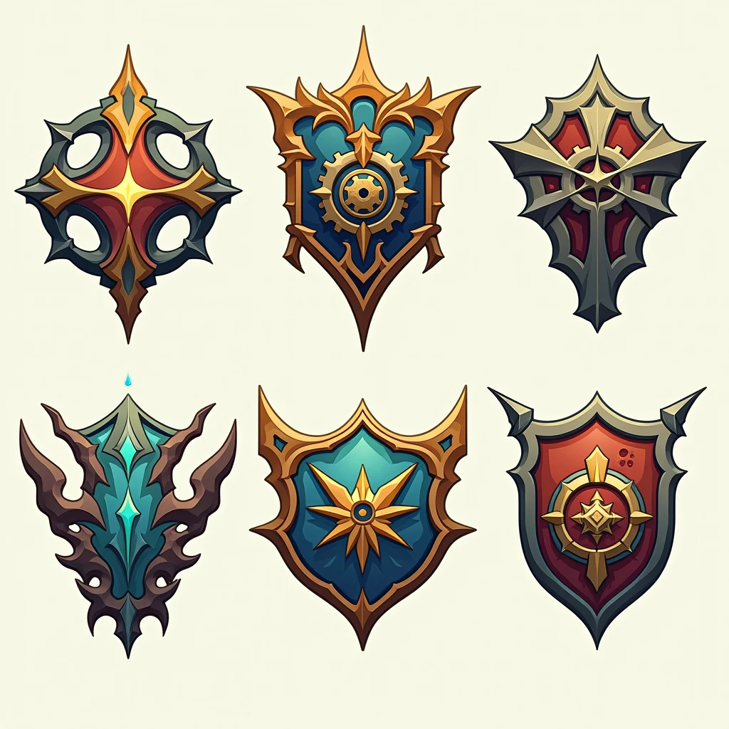 In a diatopic universe ruled by remnants of humanity, society is governed by five great guilds, they being the guild of science, the supply guild, the guild of engineers, the protectorate guild (that protects with monsters from the time of Pangea)  and the diplomacy guild. Create five logos, one for guild. Logos must honor the characteristics of their functions in society. 

I make the logo in a post-apocalyptic model, neomedieval and technological. 