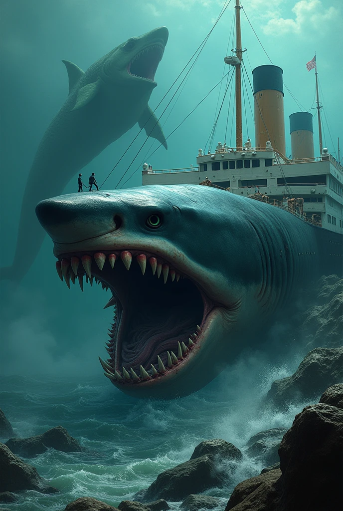 A purple shark eating the Titanic that was sunk by a green Megalodon