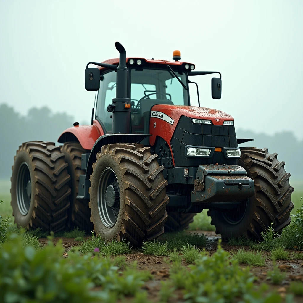 The image shows an articulated tractor parked in a field during light rain.. the tractor, with its robust and large design, is partially covered in mud and raindrops are visible on its metal surface. The scene captures the essence of a rainy day in the countryside, with a humid environment full of agricultural life.
Specific Details:
Articulated Tractor:
Design: the tractor é grande e imponente, with an articulated body that allows maneuverability on difficult terrain. Show details like large, deep tires, the tractor cabin with clear visibility and exposed mechanical parts, such as the engine and hydraulic systems.
condition: the tractor está sujo e coberto de lama, with raindrops accumulated on its surface, reflecting the humid and rainy environment. Add a wet sheen to metal parts for added realism.