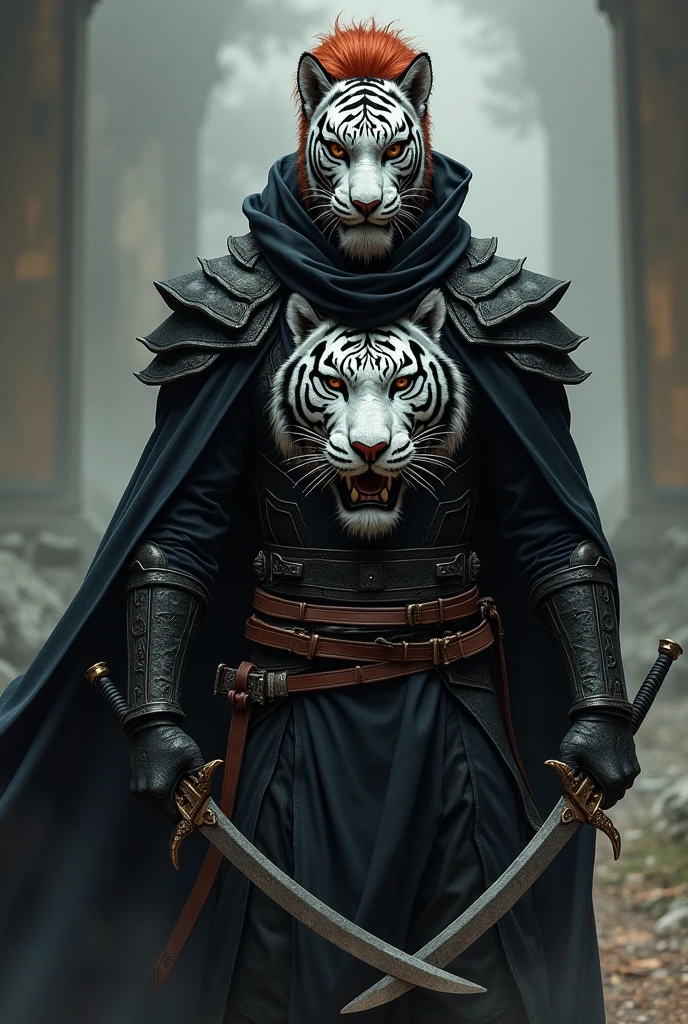 A man with short red hair and brown eyes wearing black armor with a cape and hood on the cape has the design of a white tiger he wears a mask of a white tiger he has two curved swords at his waist