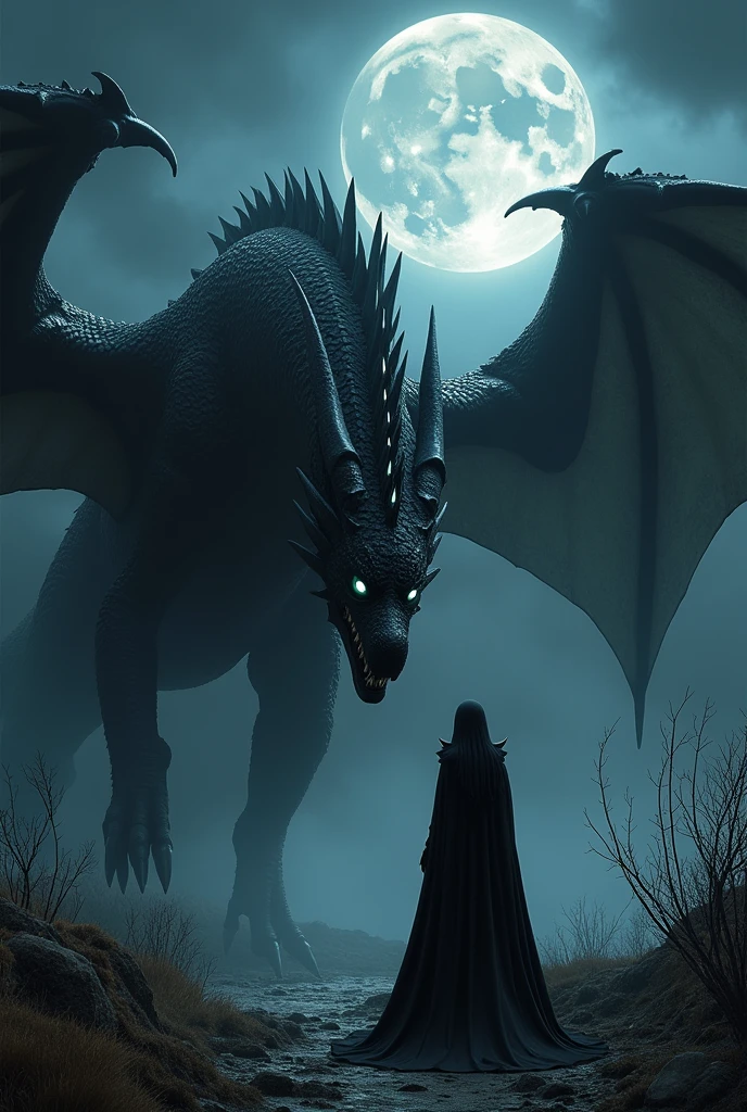 A black drago in front of a witch also dressed in black 