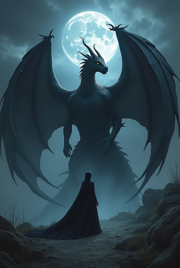 A black drago in front of a witch also dressed in black