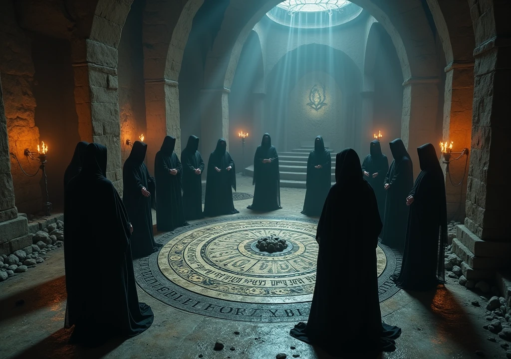group of occultists in a dungeon performing a ritual to summon a dark cosmic entity