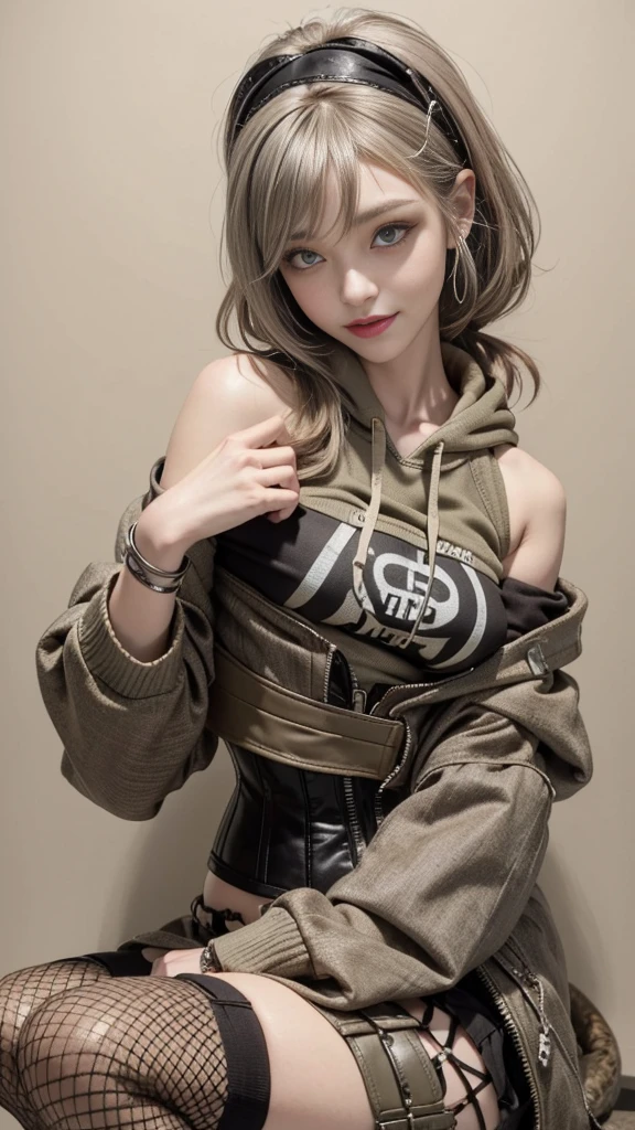 (Smiling with teeth showing:1.3),(Shibuya Gal:1.5)、(beautiful:1.5)、(Neo-Goth Fashion:1.5)、(Punk rock visual kei:1.5)、(A khaki and brown off-the-shoulder hoodie accessorized with delicate silver accessories..:1.5)、(A corset with a delicate beige and brown design:1.4)、(Dark gray, Khaki and brown snakeskin bodysuit:1.5)、(Snake print headband:1.3)、(Beige and charcoal knee socks:1.4)、Embellished collar and long boots、(I'm Snake print underwear for sale.:1.4)、(Long eyelashes:1.3)、(20-year-old)、((Highest quality、8k、masterpiece:1.3))、1 female、スリムでbeautiful腹筋:1.3、(Hairstyle Casual、beautiful boobs:1.1)、(Doing an aerobics pose:1.3)、dress:1.1、Super small face、Narrow eyes、double eyelid、A sloppy smile、Ezvian everywhere、Dynamic Angle、close、CPL Filter、Blurred Background、Bokeh、Blue Hour、Detailed face and skin texture、Detailed eyes、,(Twin tails:1.3)、(Black brown hair:1.3)、Idol Sculpture、(The background is a glamorous dance hall:1.3)、(Slimming your legs:1.4)、(The body is slim:1.3)、(clavicle:1.1)