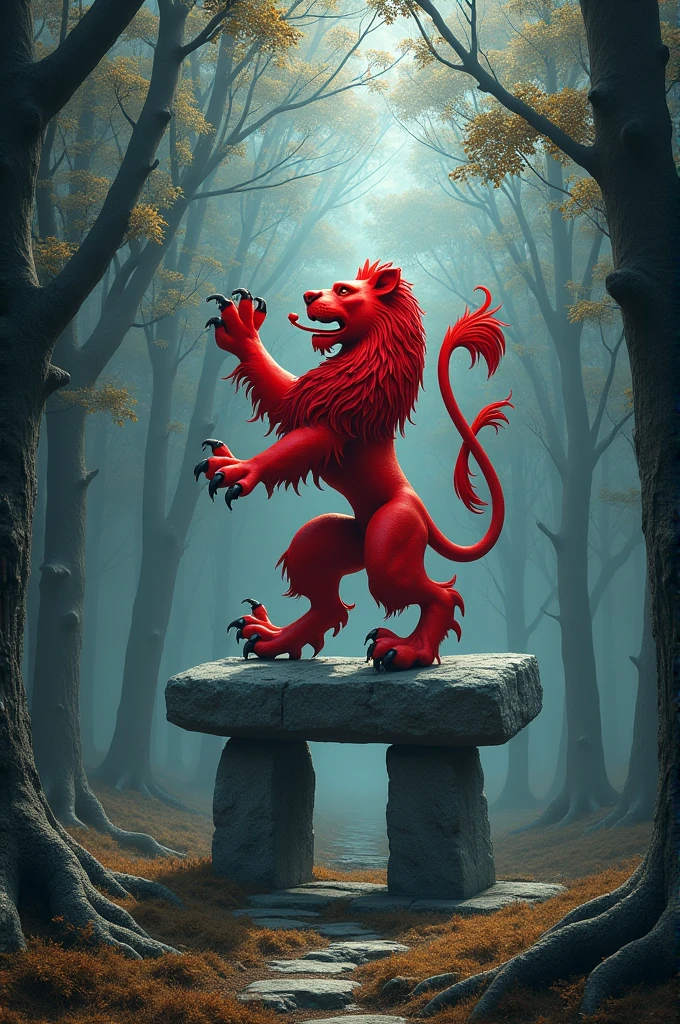 Blason de lion de gueules rampant sur un fond de couleur argent avec une forêt de hêtres illuminée d'une lumière mystique et un dolmen composé d'une grande dalle de pierre horizontale reposant sur deux pierres verticales.