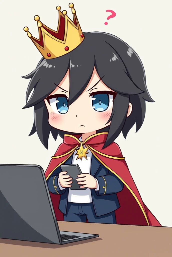Red Cape,One person,Black Hair, Asymmetrical bangs, Parting the bangs,Blue Eyes,Drooping eyes,White T-shirt,Navy blue suit,smartphone,computer,Simple background,cool,Default,Illness,Confused eyes,Distributor,Chibi Character,crown,King