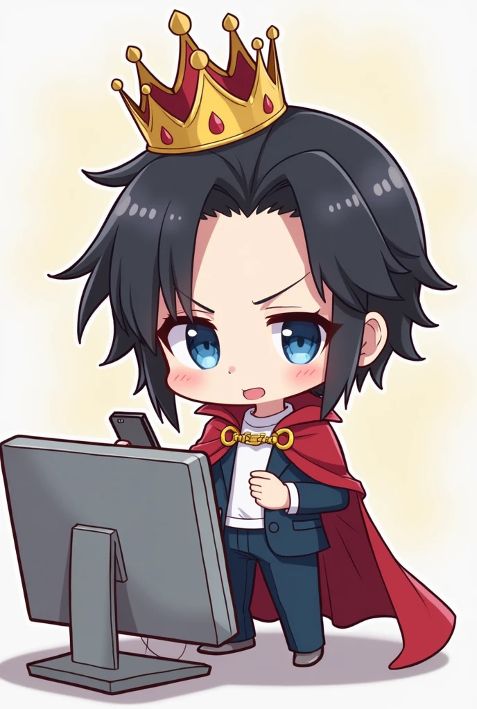 Red Cape,One person,Black Hair, Asymmetrical bangs, Parting the bangs,Blue Eyes,Drooping eyes,White T-shirt,Navy blue suit,smartphone,computer,Simple background,cool,Default,Illness,Confused eyes,Distributor,Chibi Character,crown,King