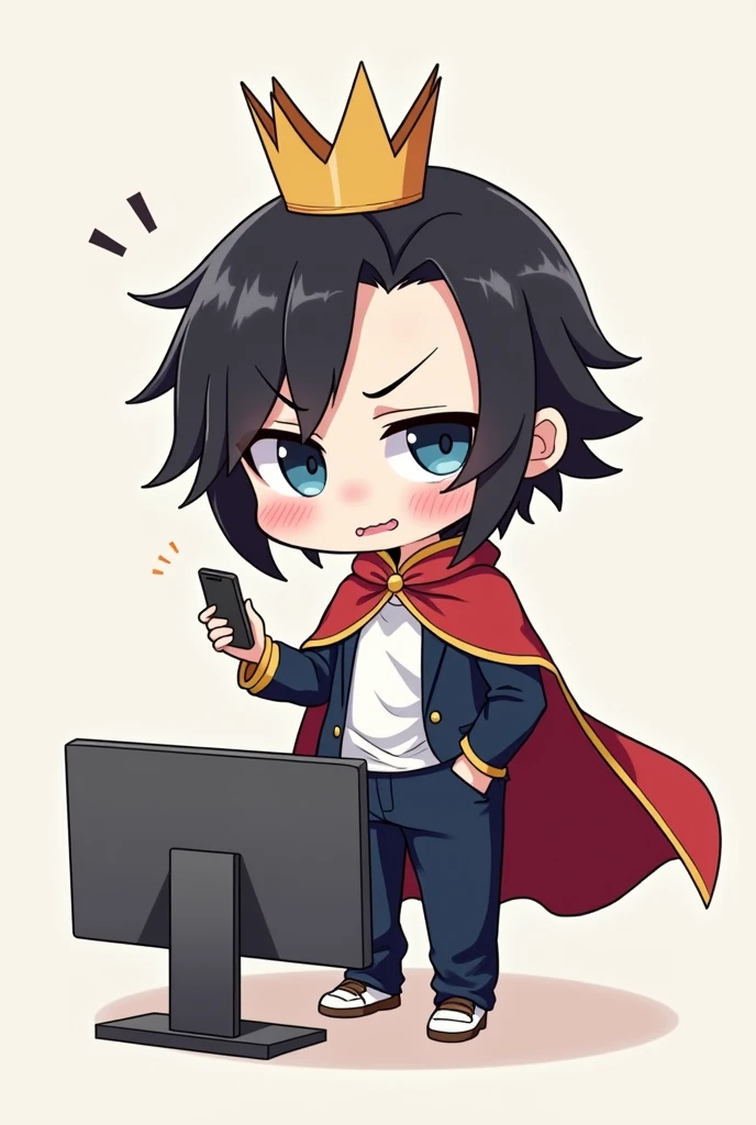 Red Cape,One person,Black Hair, Asymmetrical bangs, Parting the bangs,Blue Eyes,Drooping eyes,White T-shirt,Navy blue suit,smartphone,computer,Simple background,cool,Default,Illness,Confused eyes,Distributor,Chibi Character,crown,King