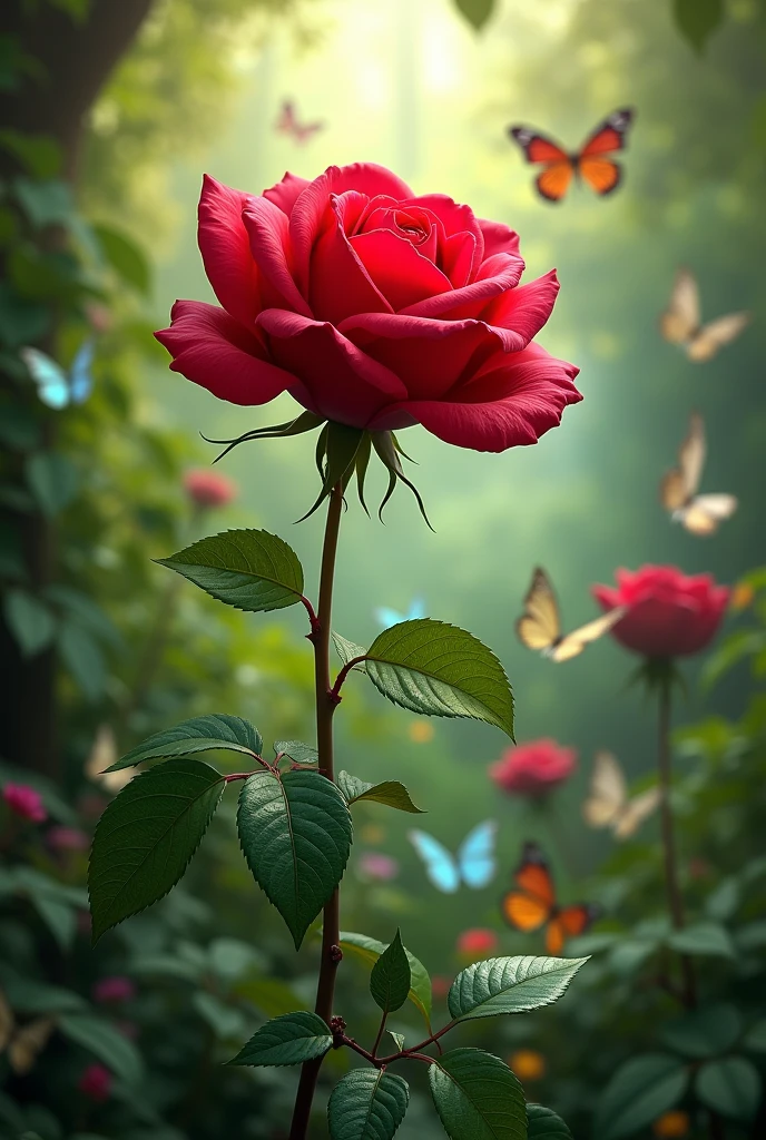 Bright red rose in a grove full of butterflies