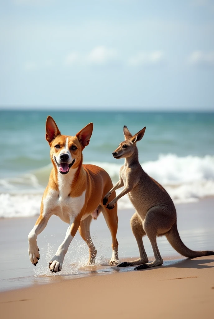 A dog with a kangaroo playing on the beach