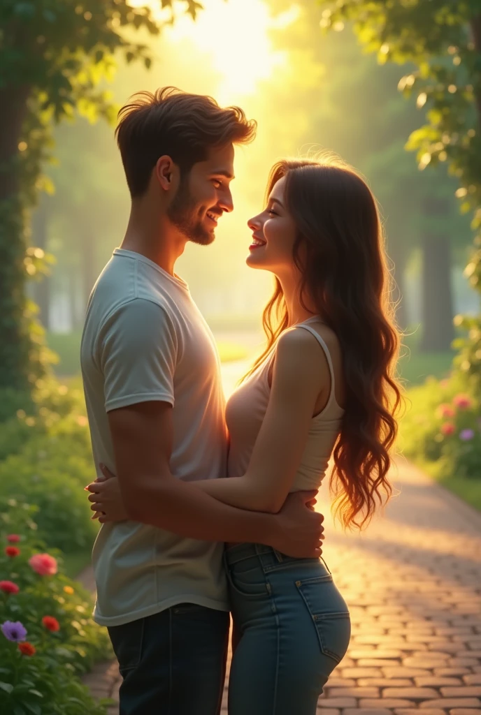 in a park, looking at each other lovingly
