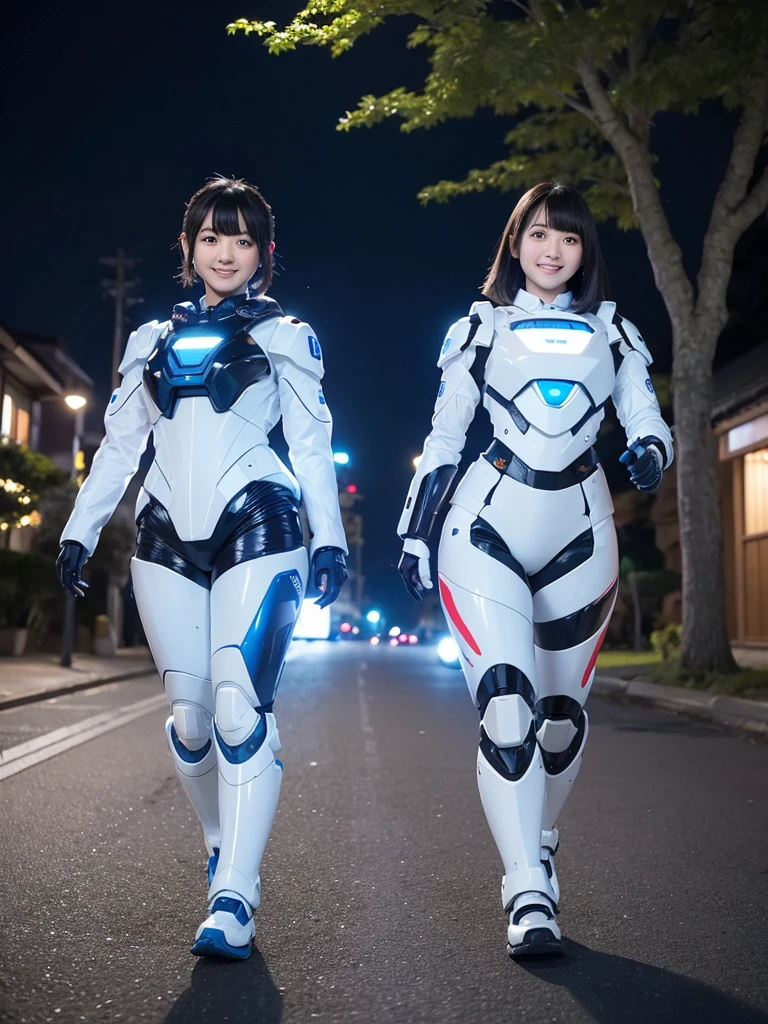 Japanese female android sisters,Black Hair,White and blue robot suit,Plump,Walking along an illuminated tree-lined street at night,Close-up,smile,