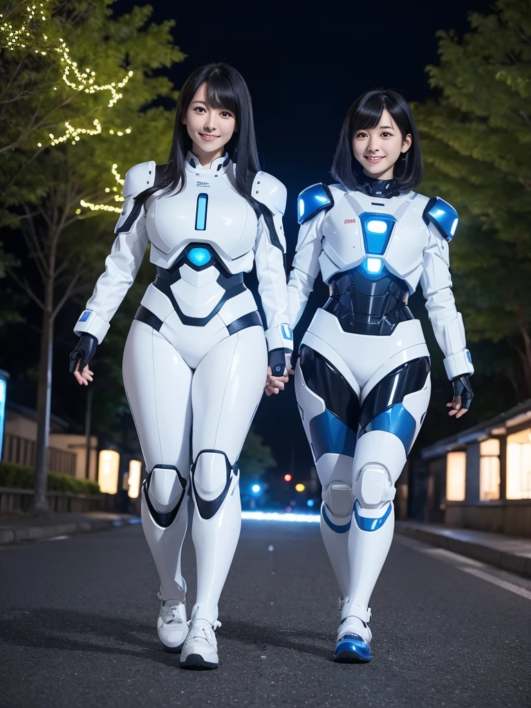 Japanese female android sisters,Black Hair,White and blue robot suit,Plump,Walking along an illuminated tree-lined street at night,Close-up,smile,