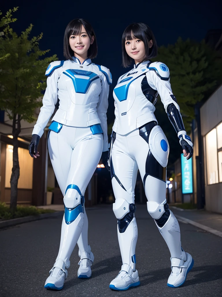 Japanese female android sisters,Black Hair,White and blue robot suit,Plump,Walking along an illuminated tree-lined street at night,Close-up,smile,