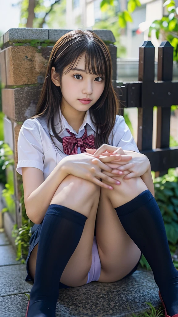 high school girl、wearing a uniform、squat、panties