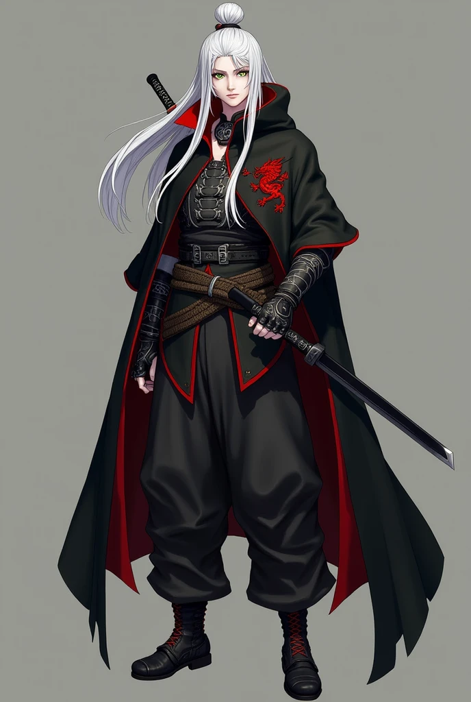 Appearance: Kabuki is a young man of Tamuranian descent., with pale skin and long white hair, which are tied in a bun on top of the head. His eyes are piercing and green, full of a cold and calculated calculation. His face is angular, with sharp features.tenue: Kabuki wears a long black cape with red accents, that flows behind him as he walks. Under the cover, He wears light armor, that mixes dark metal plates with resistant fabrics. on your waist, he carries a katana with a wooden sheath, and the coat of arms of the Guild of Villainy – a red dragon – is embroidered with silver threads on its cape.Expression and Position: Kabuki has an impassive expression, almost indifferent, but his eyes shine with a dangerous cunning. He is standing, with one hand resting on the hilt of his katana, ready for any confrontation that may arise. RPG 3D
