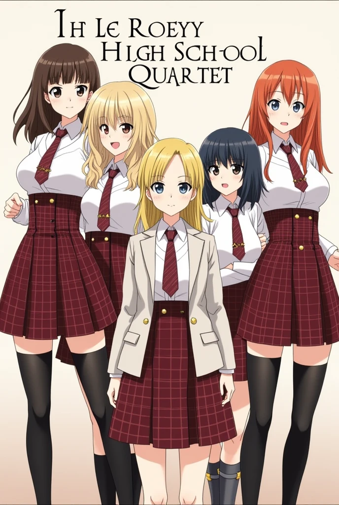 Create the cover of a book called "The Le Rosey High School Quartet" where should four girls be: a chestnut, another black haired girl, another blonde and another redhead/orange. The fund must be a prestigious and private school, Girls must be in a uniform which has a white shirt, a red wine skirt/dark red checkered, a tie in the same shade as the skirt as well as the shoes, Also wear a small, thin coat in the same color as the skirt and add accessories to each of the girls that match the uniform.