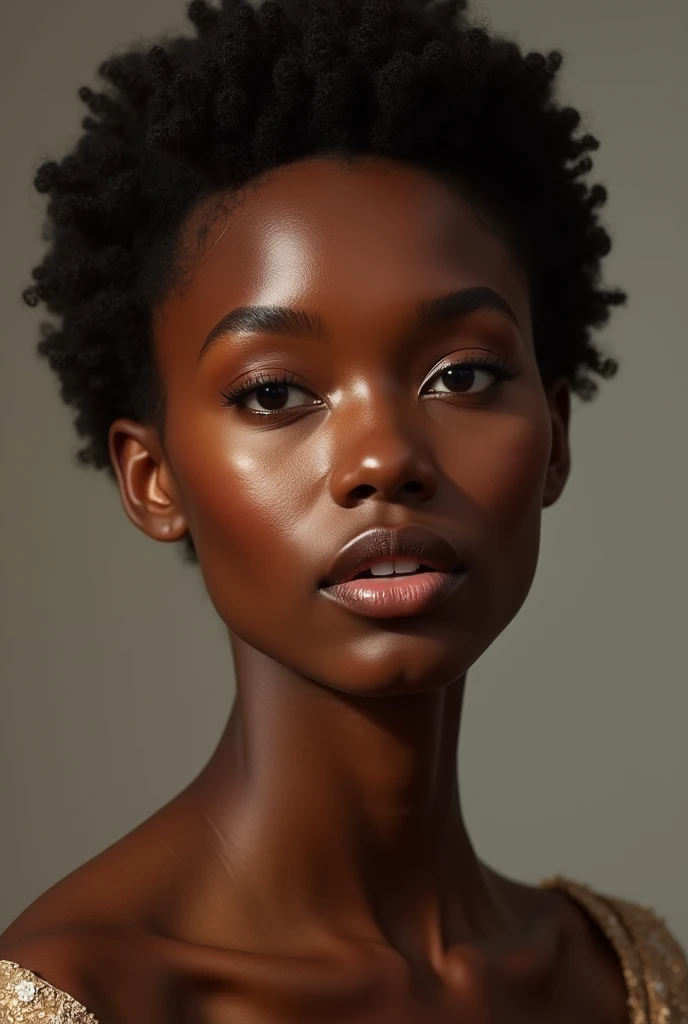 Image of the most beautiful black woman in the universe, with bright eyes, beautiful skin, short natural hair, highlighting African beauty. The image must be realistic
