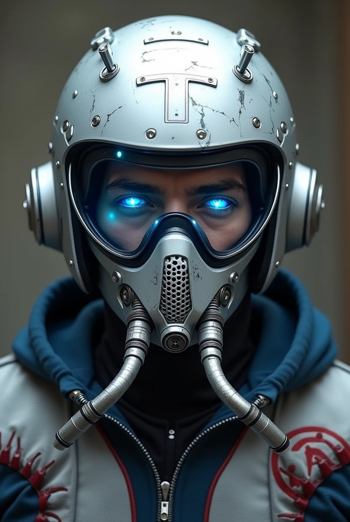 1 man, silver motorcycle helmet, snorkeling mask, portrait halfbody shoot. Silver two pipe tube from mouth to head. Future design.. high tech. Wear google safety eyes glowing blue. The tube connect from head to mouth. Future headphone design blue led light detail. Starlord helmet design concepts. Very detail . High tech costume. Marvel. T shape on the helmet. Small scratches on the helmet. The blue visor honeycomb style concept. T shape spoiler antenna on the helmet, nose and mouth covered by mask metal. Wear cyberpunk hoodie spike shape red stripe. .(( CAR SPOILER ON HELMET.)) BLUE SMALL LED ON HELMET.