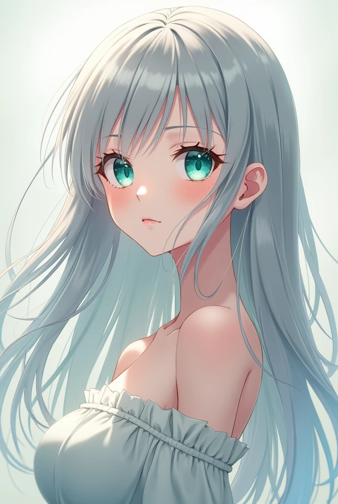 anime girl, with gray hair and turquoise green eyes