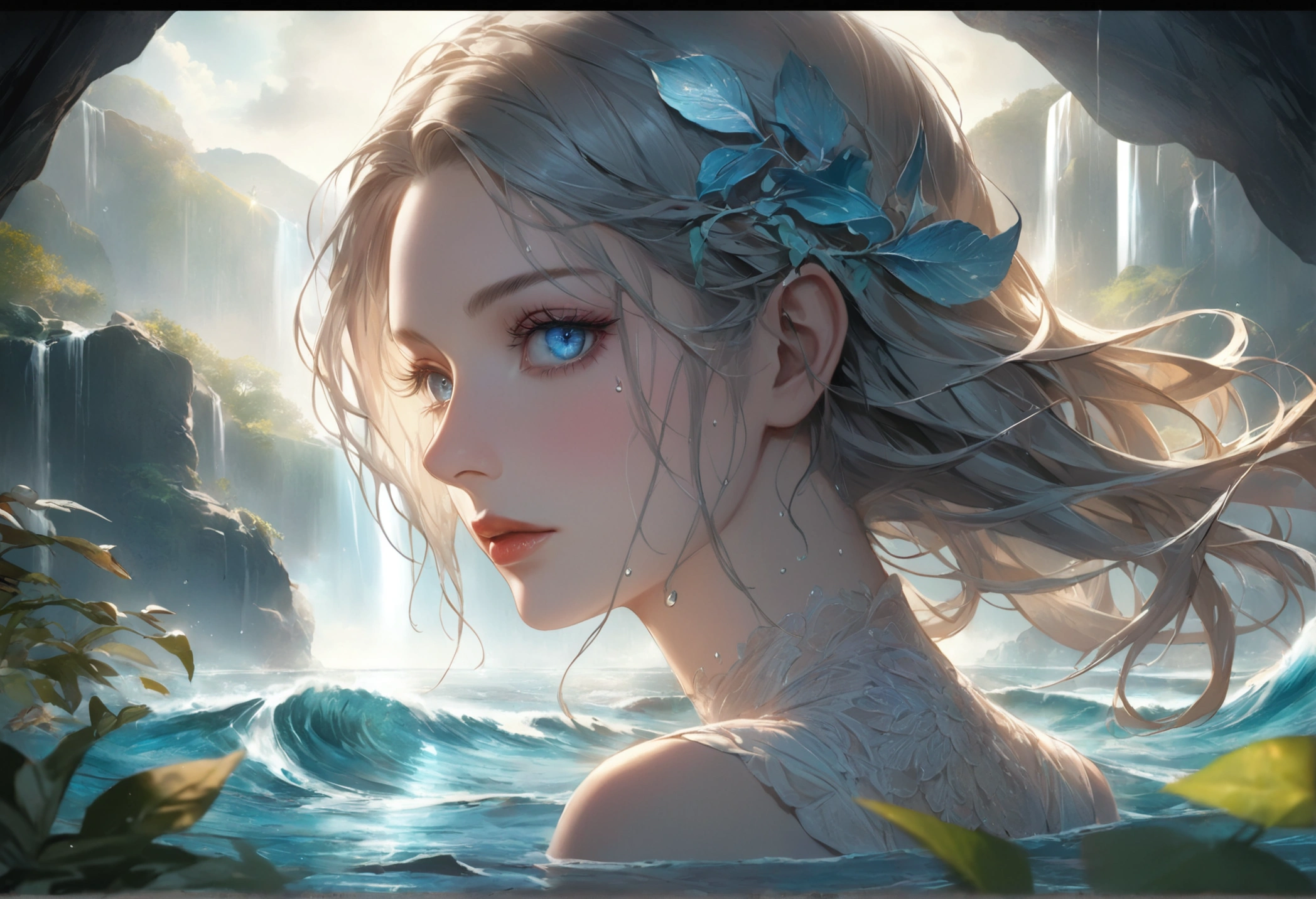 waterfall scenery, bright canvas, The waves are swirling, Transparent holographic reflection, Surreal landscape created by water droplets, Leaves viewers speechless, A beautiful world, 1 british woman, detailed eyes, detailed lips, very detailed face, long eyelashes, Beautiful and detailed portraits, elegant, tranquil expression, summer, high quality, 8k, realistic, surrealist, studio lighting, Physically Based Rendering, vivid colors, movie lights, dramatic lighting, soft lighting, dramatic contrast, clear, ethereal, dreamlike, mysterious, magical, fancy, concept art