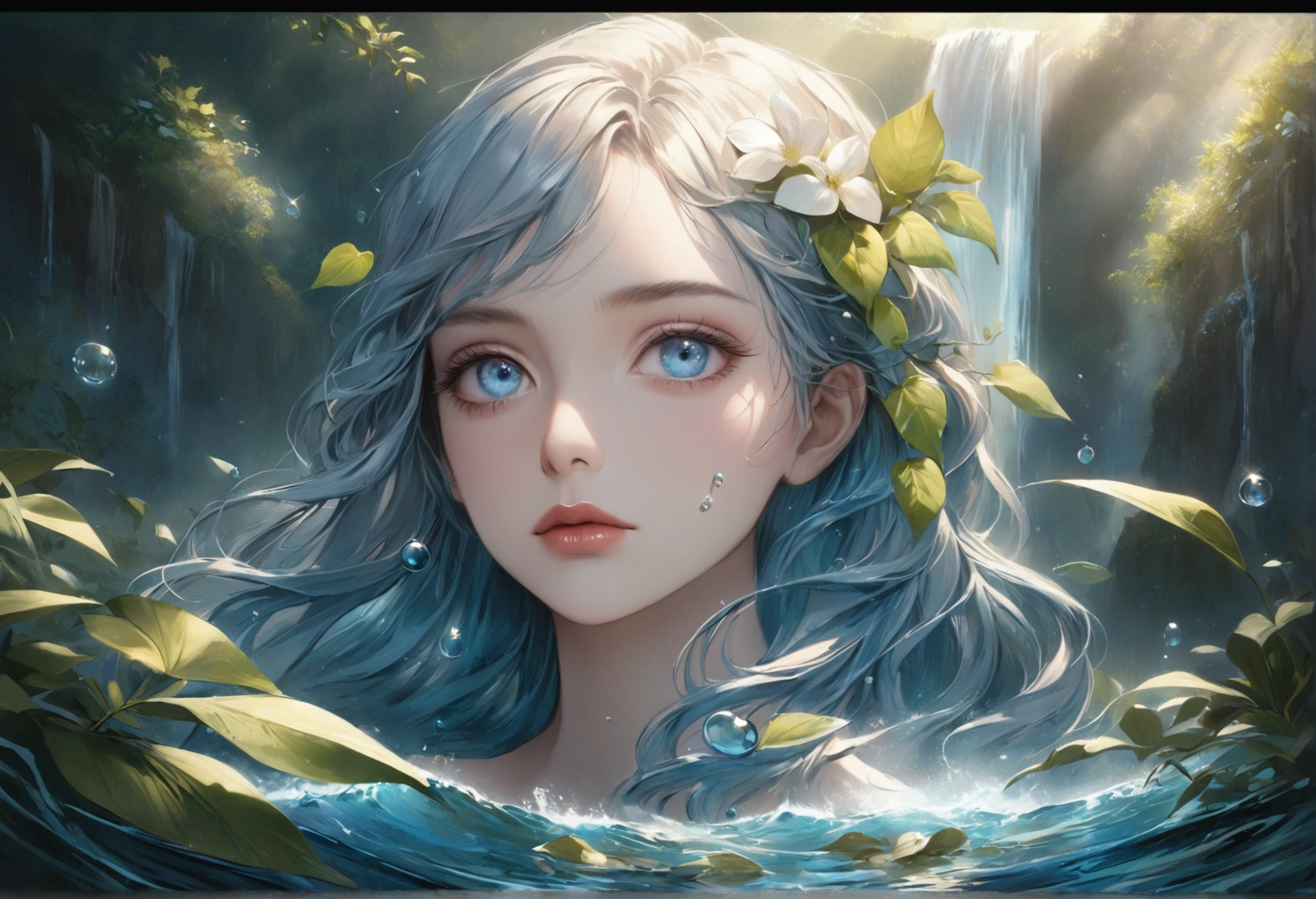 waterfall scenery, bright canvas, The waves are swirling, Transparent holographic reflection, Surreal landscape created by water droplets, Leaves viewers speechless, A beautiful world, 1 british woman, detailed eyes, detailed lips, very detailed face, long eyelashes, Beautiful and detailed portraits, elegant, tranquil expression, summer, high quality, 8k, realistic, surrealist, studio lighting, Physically Based Rendering, vivid colors, movie lights, dramatic lighting, soft lighting, dramatic contrast, clear, ethereal, dreamlike, mysterious, magical, fancy, concept art