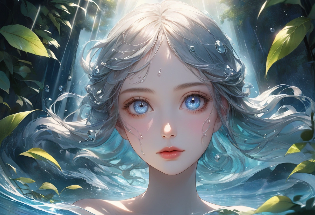 waterfall scenery, bright canvas, The waves are swirling, Transparent holographic reflection, Surreal landscape created by water droplets, Leaves viewers speechless, A beautiful world, 1 british woman, detailed eyes, detailed lips, very detailed face, long eyelashes, Beautiful and detailed portraits, elegant, tranquil expression, summer, high quality, 8k, realistic, surrealist, studio lighting, Physically Based Rendering, vivid colors, movie lights, dramatic lighting, soft lighting, dramatic contrast, clear, ethereal, dreamlike, mysterious, magical, fancy, concept art