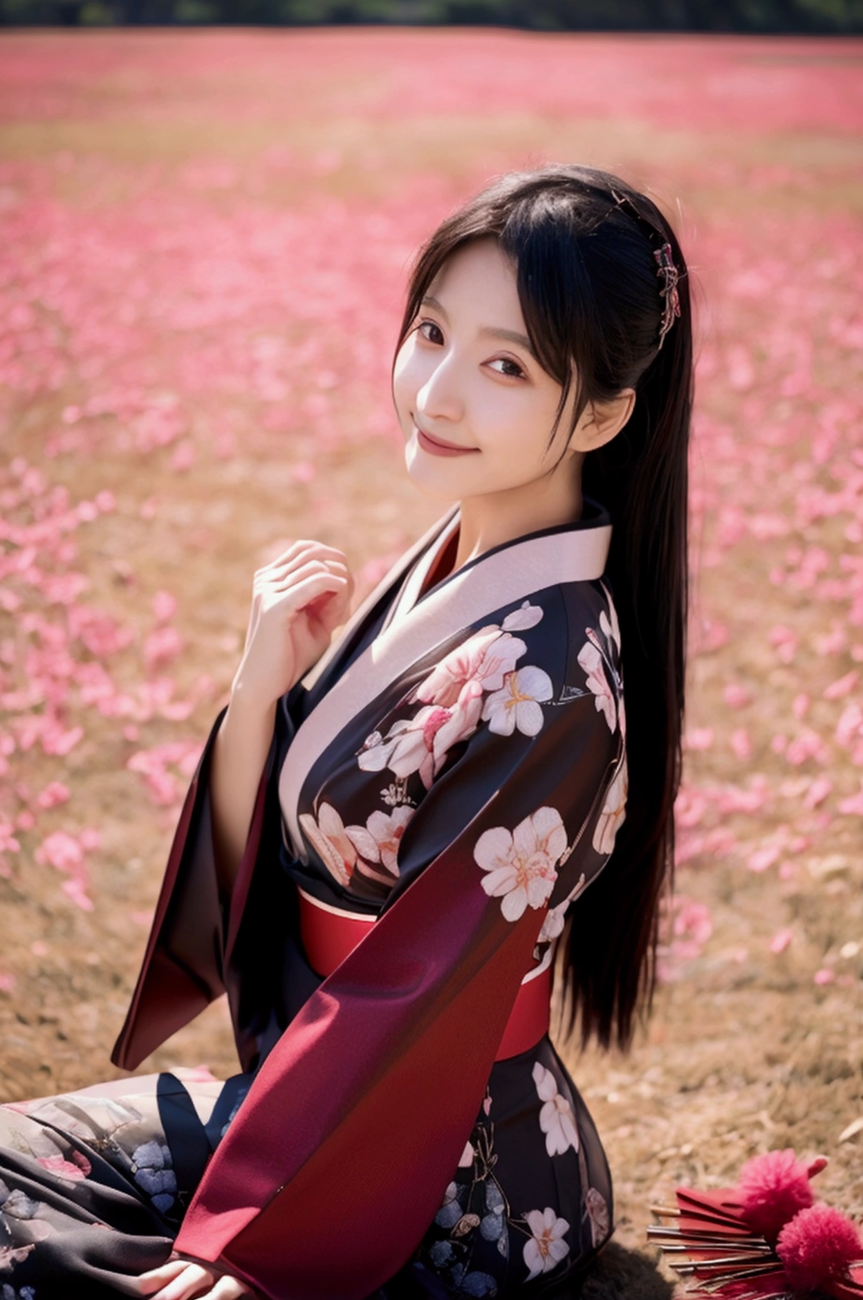 Red tones, Warm smile, Highest quality, 8k, Ultra-high resolution, Spectacular landscapes, In the grassland, Realistic photo style, Healthy body shape, Sparkling Eyes, Flowing jet black hair, A gorgeous kimono with a cherry blossom motif, Calm expression, Soft natural light, Contemporary Japanese art style, Quiet atmosphere, Detailed Features, Graceful pose, Wide view, How to shoot like a drone, Wide view
