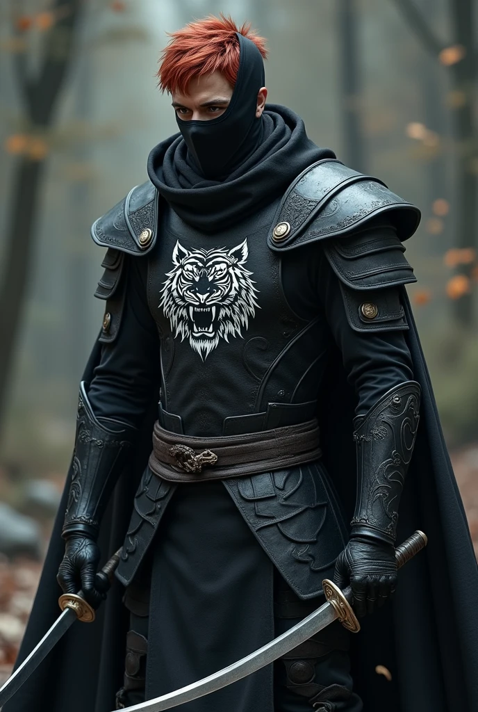A man with short red hair and brown eyes wearing black armor with a cape and hood on the cape has the design of a white tiger he wears a black mask he has two curved swords at his waist