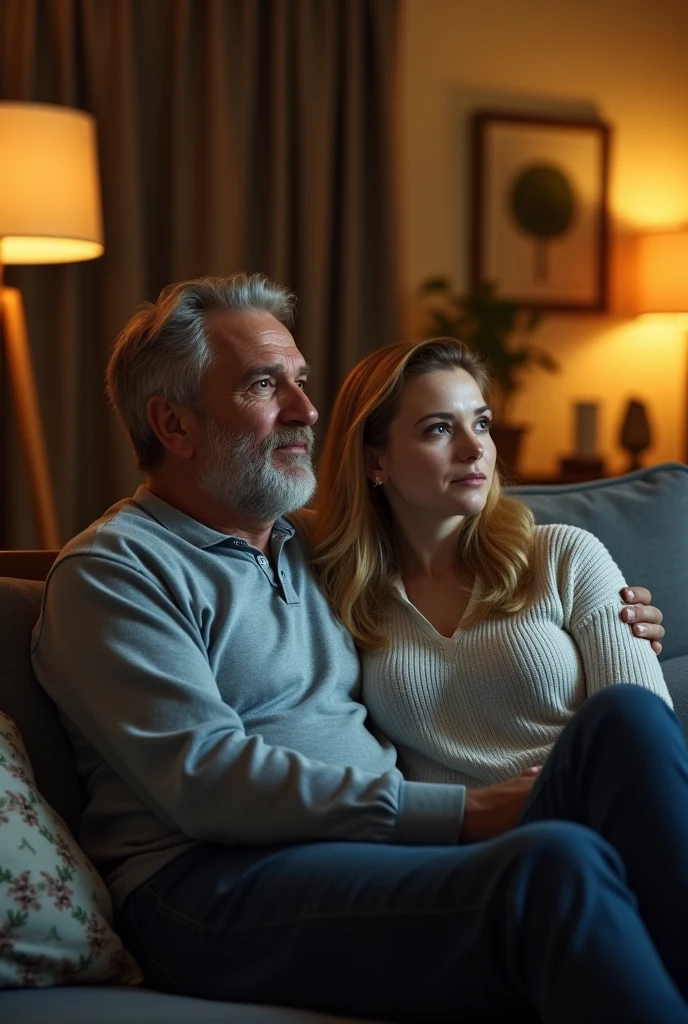 Homme de 50 ans avec femme blonde
 de 25 ans assis sur un canapé gris regardant un film dans un salon avec une lumiere jaune