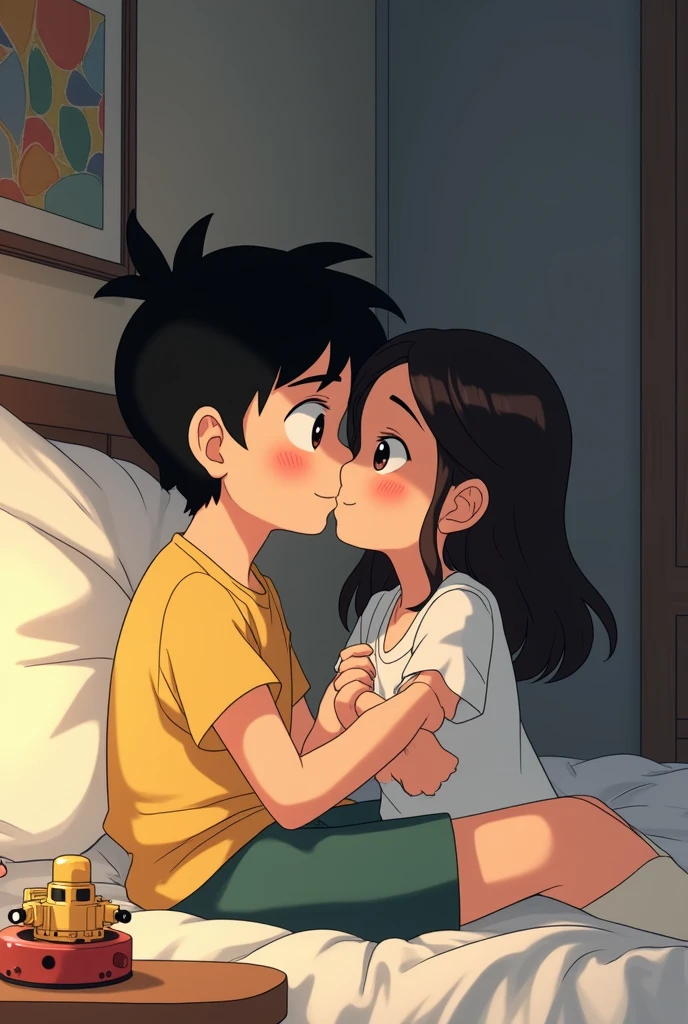 the character toby tenma from the show astro boy. toby tenma holding his girlfriend hand while kissing in his bed