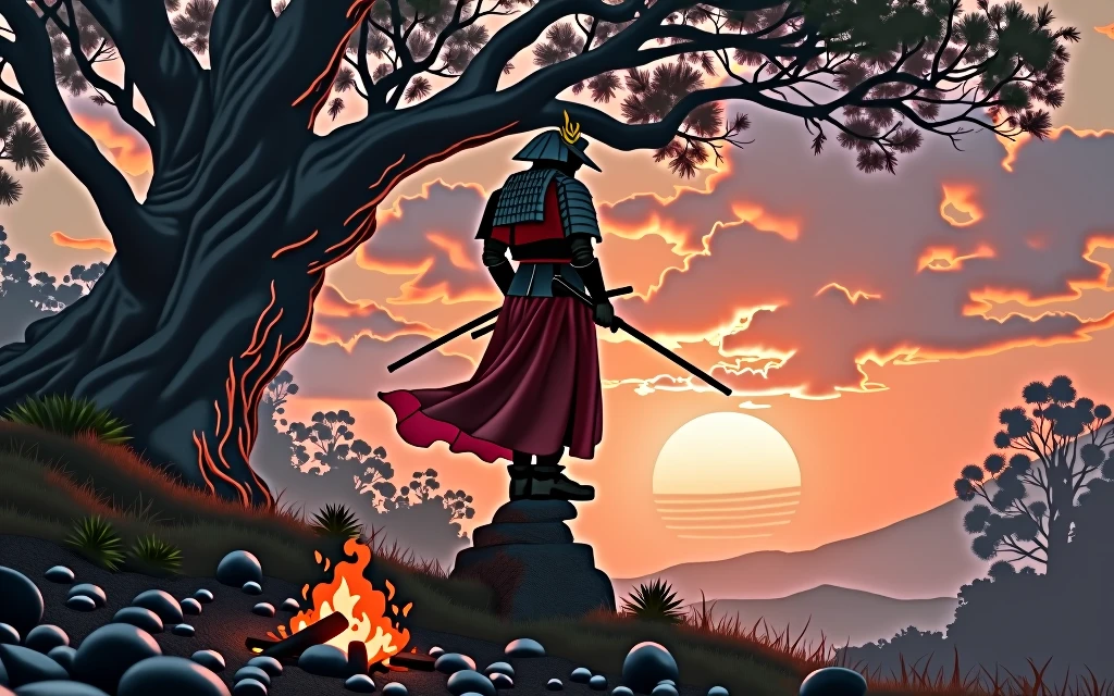 A Samurai on top of your hair, under a tree next to a campfire in the sunset light.