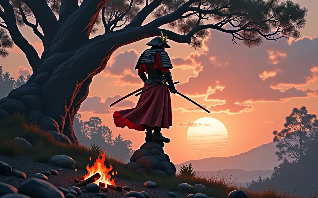 A Samurai on top of your hair, under a tree next to a campfire in the sunset light.