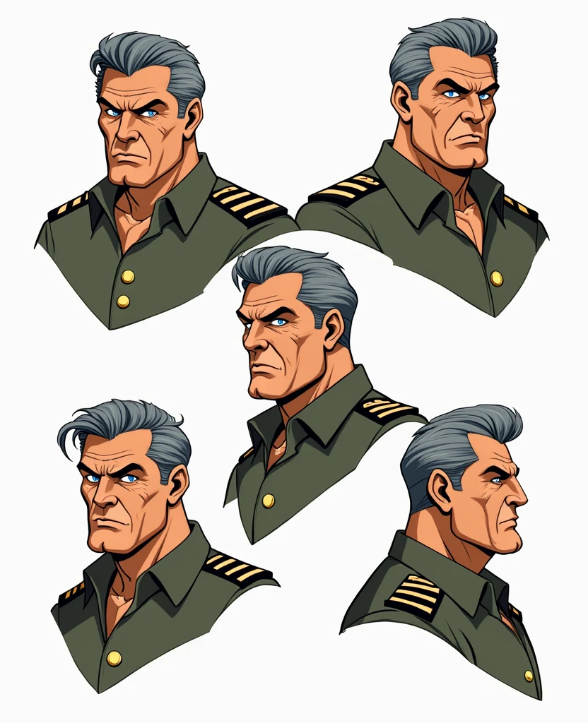 Character of an adult male named John Smith. He has fair skin with a few freckles, short gray hair slicked back with hints of brown, and intense blue eyes with a watchful expression. His build is stocky and muscular. He wears a military uniform. The style should mix 1980s comic book art with 1980s anime, Different angles, different expressions, character sheet, white background --3:2 aspect ratio, character poses