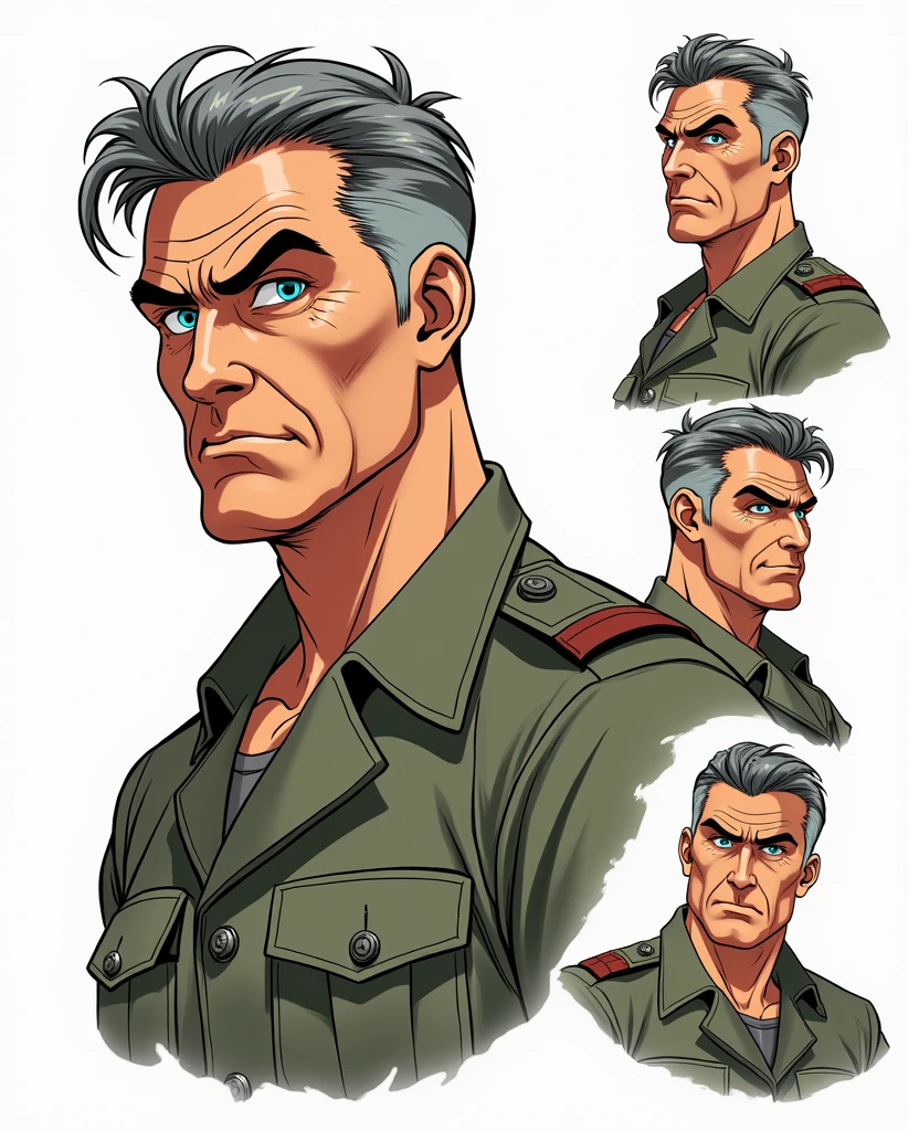 Character of an adult male named John Smith. He has fair skin with a few freckles, short gray hair slicked back with hints of brown, and intense blue eyes with a watchful expression. His build is stocky and muscular. He wears a military uniform. The style should mix 1980s comic book art with 1980s anime, Different angles, different expressions, character sheet, white background --3:2 aspect ratio, character poses