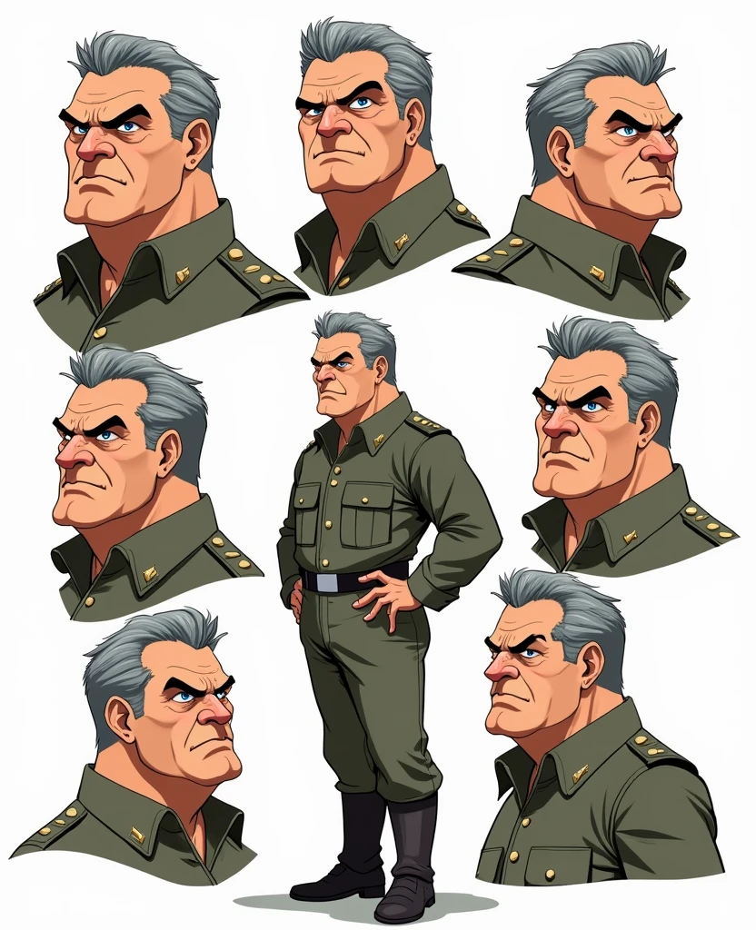 Character of an adult male named John Smith. He has fair skin with a few freckles, short gray hair slicked back with hints of brown, and intense blue eyes with a watchful expression. His build is stocky and muscular. He wears a military uniform. The style should mix 1980s comic book art with 1980s anime, Different angles, different expressions, character sheet, white background --3:2 aspect ratio, character poses