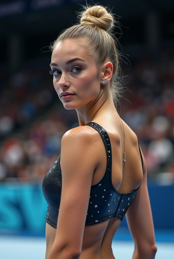 Masterpiece, view from behind, small buttocks, spread legs, half body shot of a beautiful American Artistic Gymnastics athlete wearing a gymnastics leotard, slim teenager body, small buttocks, she is standing legs apart in a relaxed pose before competition starts at the US Gymnastics Classic championship in July 2017, thin beautiful face, freckles on face, semi long light blonde hair in a bun, hazel eyes, small breasts, focused face, a gymnastics indoor stadium in the background, 16K, ultra high res.photorealistic, UHD, RAW, DSLR, natural lighting, high detailed face, ultra realistic face, rear view, spread legs