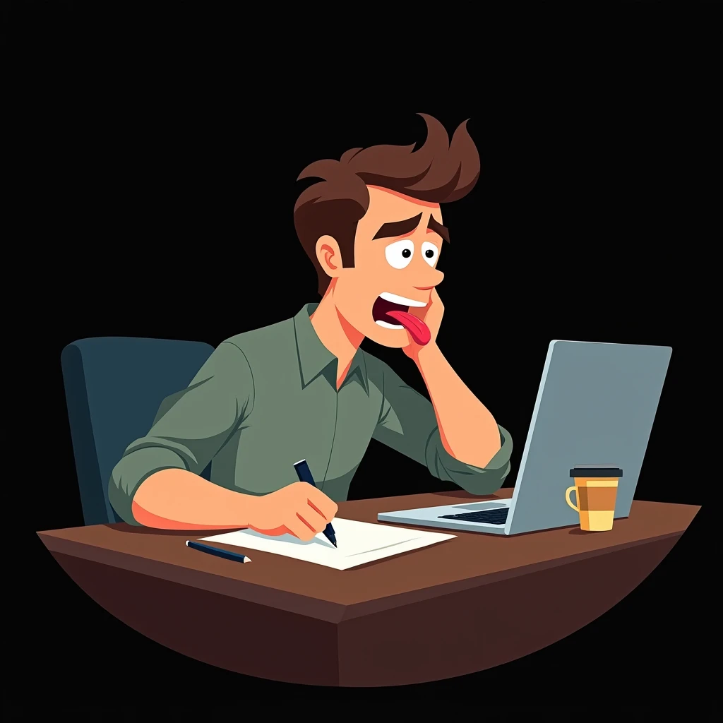 dynamic angle , a flat colored cartoon of a hardworking man working before a laptop , pen on his ear, coffee beside his laptop , biting on his tongue , minimal and simple , uniform black background,