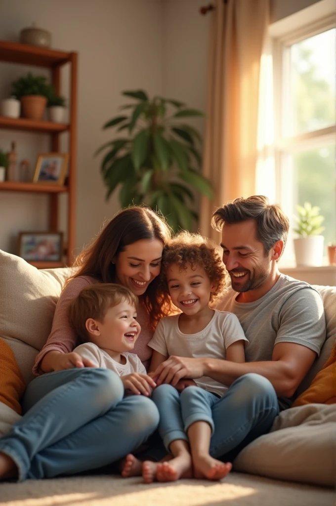 Now this same businessman is resting at home, without worries and very happy enjoying the moment with his children, no need to show money, I want you to show an environment that exudes happiness, joy and life. The house is beautiful, cozy and bright, everyone is extremely happy, I want you to put his wife, a beautiful and happy woman