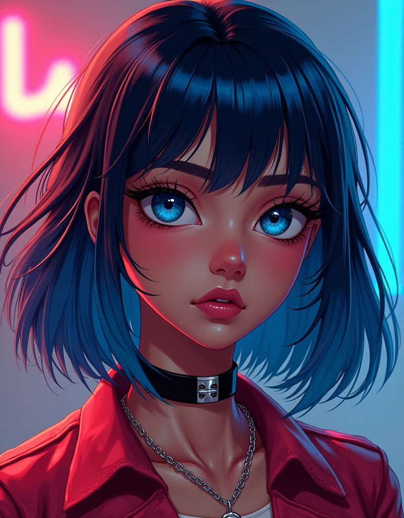 dark skinned girl with shoulder length mullet and blue hair with angel bite piercing, and she is a gyaru