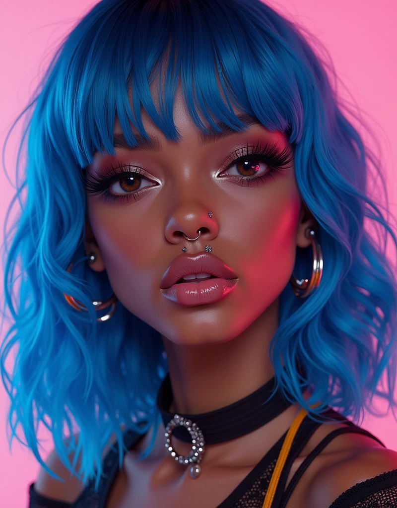 dark skinned girl with shoulder length mullet and blue hair with angel bite piercing, and she is a gyaru