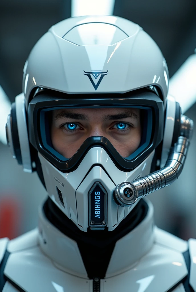 1 man, silver motorcycle helmet, snorkeling mask, portrait close up. Silver two pipe tube from mouth to head. Future design.. high tech. Wear google safety eyes glowing blue. The tube connect from head to mouth. Future headphone design blue led light detail. Starlord helmet design concepts. Very detail . High tech costume. Marvel. T shape on the helmet.
